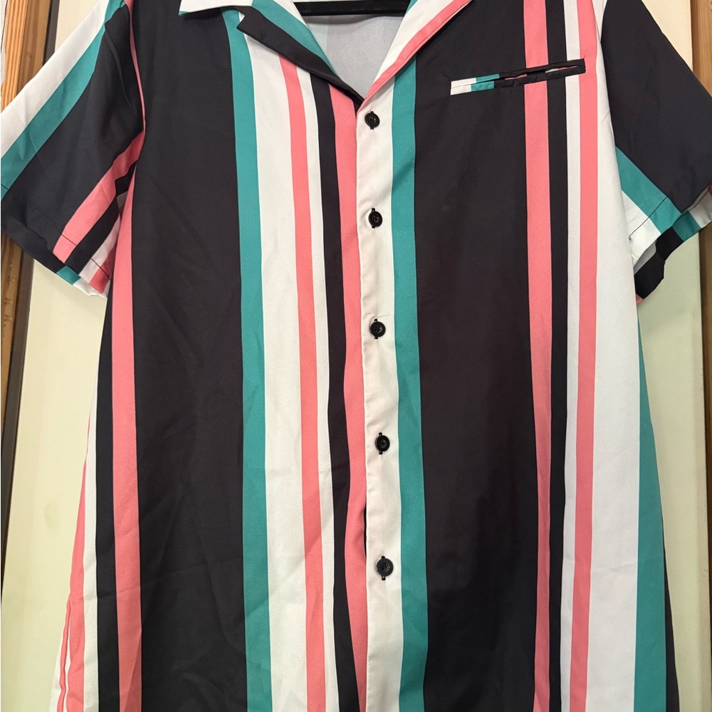 Vibrant Black and Pink Casual Button Down Shirt